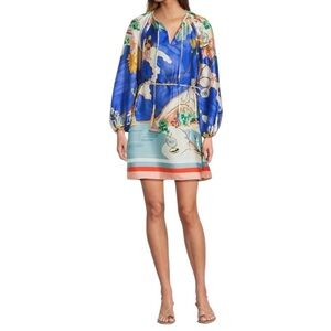 Antonio Melani Raffaella Tie Neck Long Sleeve Belted Mini Dress Ocean Print NWT
